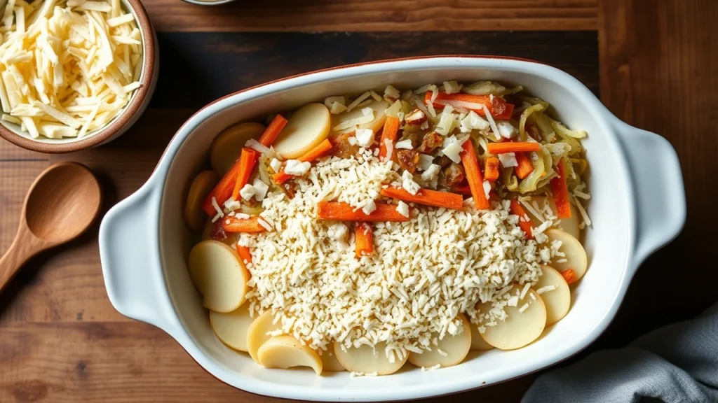 A baking dish showing the layering process of potatoes, cheese, and sautéed cabbage for a savory casserole.
